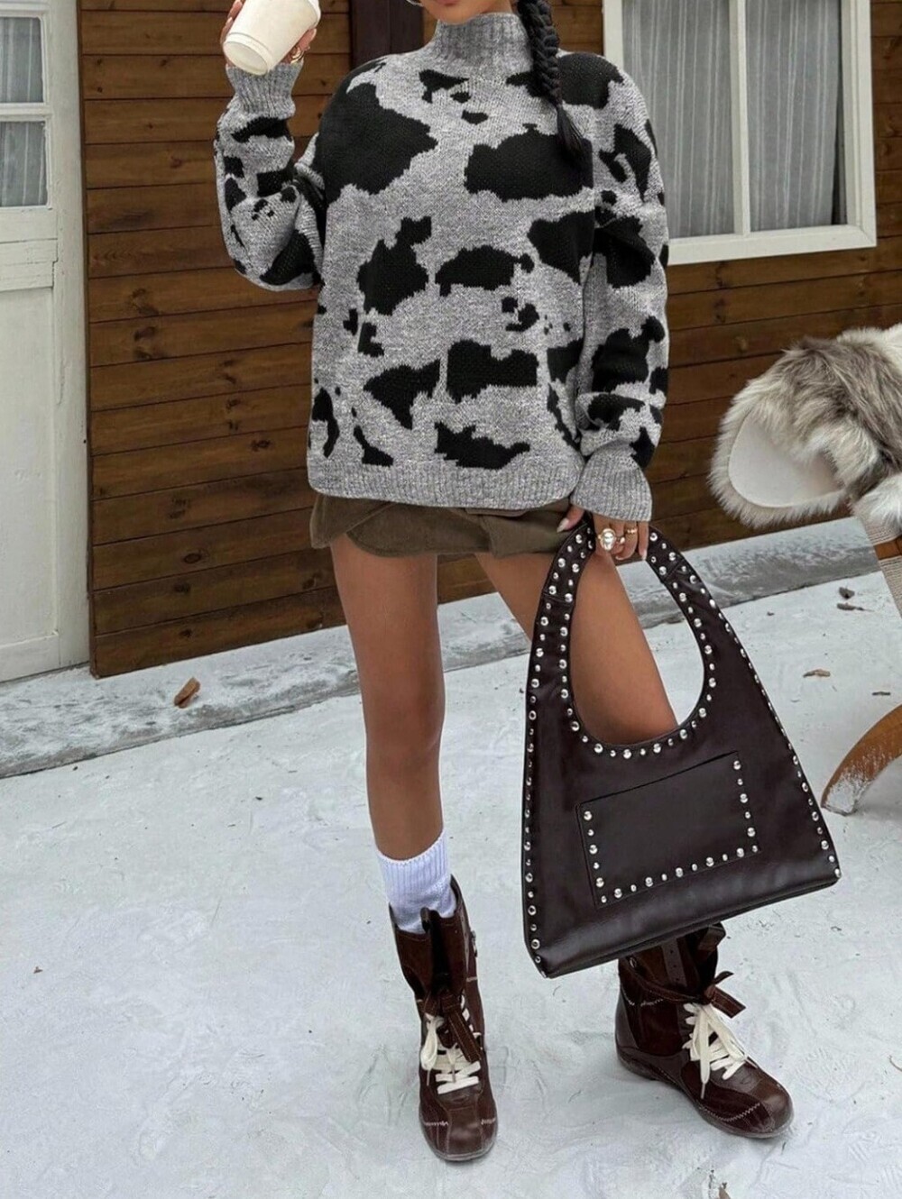 Slouchy Cow Print Gray Black Turtleneck Sweater Oversized Street Fall Winter, L - Picture 2 of 4